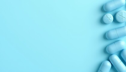 A variety of blue pills are scattered across a light blue surface, representing healthcare, medicine, and pharmaceuticals. The scene emphasizes medical treatment and medication.