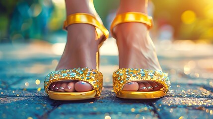 Trendy front view of glossy summer shoes with stones set in sparkly yellow sandals
