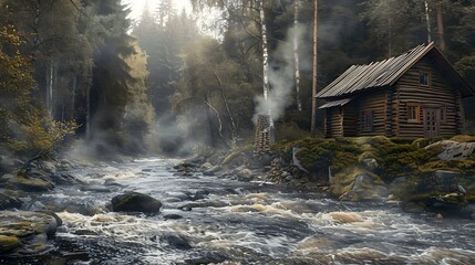 Rustic wooden cabin stands beside a rushing river, nestled deep within a misty forest. Smoke rises from the chimney, adding to the atmosphere of peace and solitude.