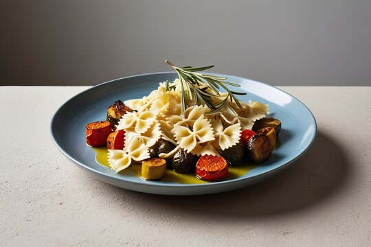Delicious Farfalle Pasta with Roasted Vegetables and Olive Oil on Minimalist Serving Surface