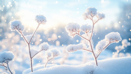 Naklejka premium Dry plants covered with snow on sunny winter day with falling snowflakes