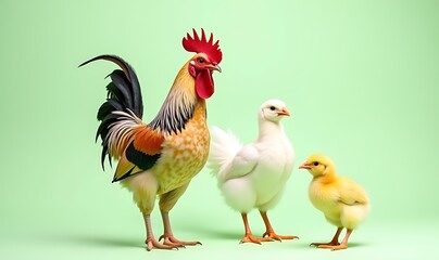 Colorful rooster with chick and duckling on a green background