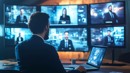 Businessman working on a laptop in front of multiple screens showing video conferencing.