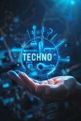 A hand holds a glowing blue digital representation of technology featuring various tools and symbols against a dark background