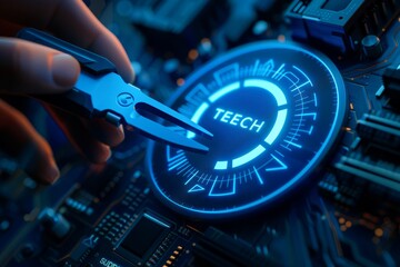 A close-up of a hand using pliers to modify a circuit board illuminated by blue light in a tech workshop