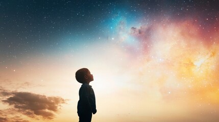 Obraz premium A child gazes at a breathtaking starry sky, contemplating the vast universe and its wonders.