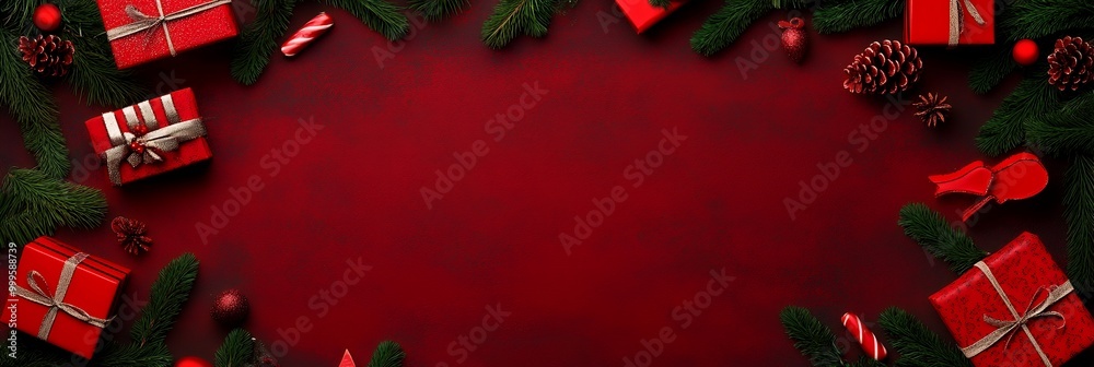 Wall mural Red Christmas background with gifts and pine branches.