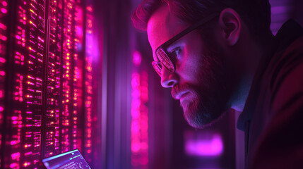 A focused individual analyzing data on server displays illuminated in vibrant pink light during nighttime in a tech environment