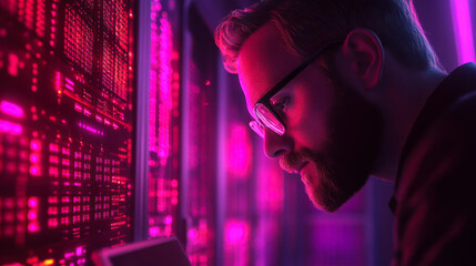 A focused individual analyzing data on server displays illuminated in vibrant pink light during nighttime in a tech environment