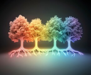A vibrant depiction of four colorful trees, highlighted with glowing roots, representing nature's beauty and interconnectedness.