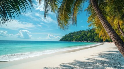 Paradise beach with white sand and coco palms. Summer vacation and summer holiday concept.