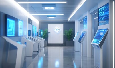 Futuristic hallway with screens and plants.