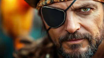 Close-up portrait of a rugged pirate with an eyepatch and fierce expression, showcasing his distinctive features, Ideal for storytelling, adventure-themed content, or historical visuals,