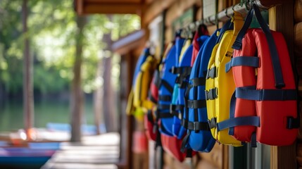 Life vests hanging outside boat house. Summer lake vibes.