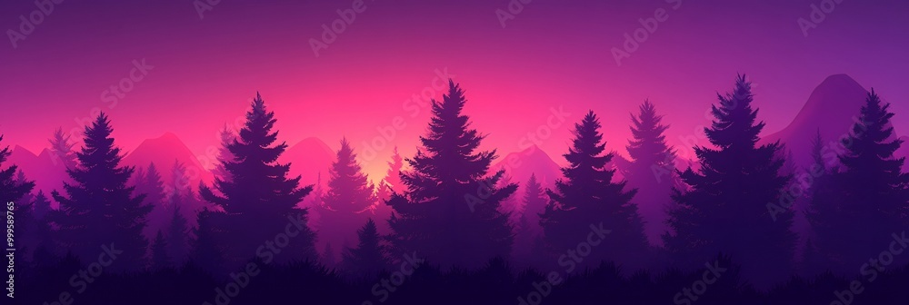 Wall mural Silhouettes of pine trees against a vibrant sunset sky