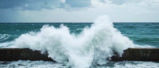Obraz premium A powerful ocean wave crashing against a stone barrier, highlighting the beauty and force of nature in a coastal landscape.