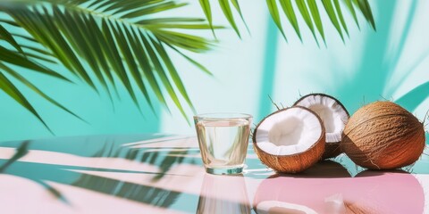 Obraz premium Refreshing Coconut Water Scene with Halved Coconuts