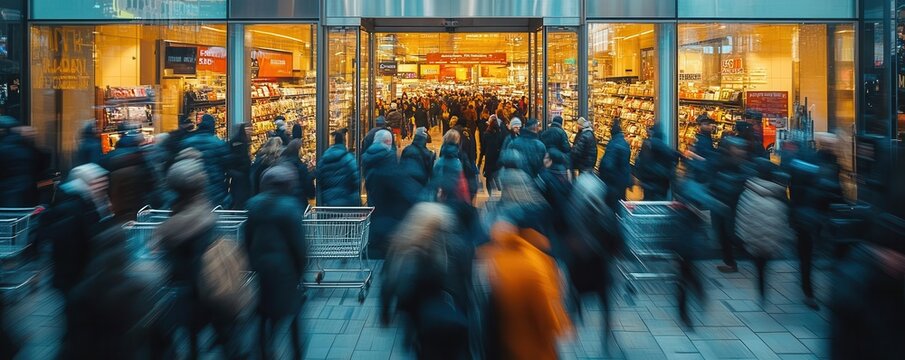 A bustling city scene with diverse shoppers entering a vibrant store, highlighting the energy of urban life and consumer culture.