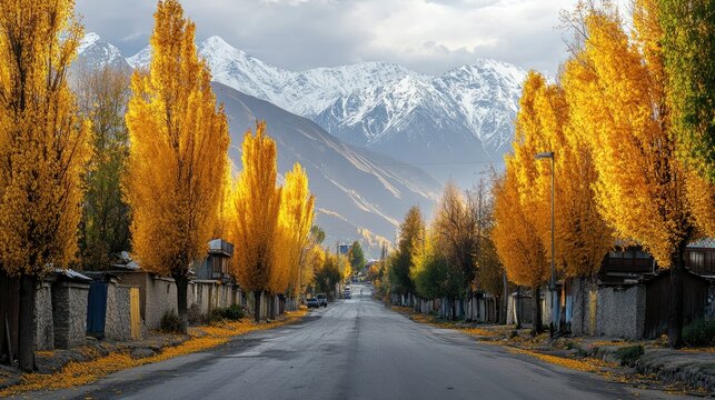 Autumn in Kashmir, with golden Chinar trees lining the streets, and snow-capped peaks visible beyond the horizon.