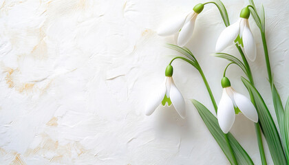 Fototapeta premium Beautiful snowdrop flowers lying on white textured background