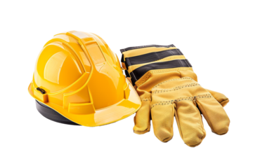 Safety helmet and gloves, arranged on a white background