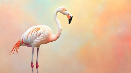 Naklejka premium A graceful flamingo stands elegantly on one leg, its long neck arched beautifully as it faces forward. The right side of the image gently fades into a soft pastel background, representing the 