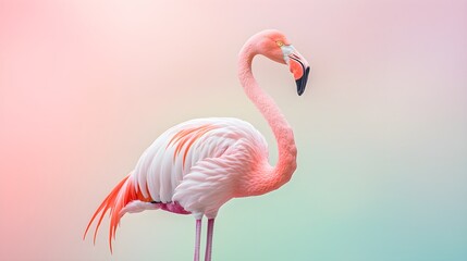 A graceful flamingo stands elegantly on one leg, its long neck arched beautifully as it faces forward. The right side of the image gently fades into a soft pastel background, representing the 