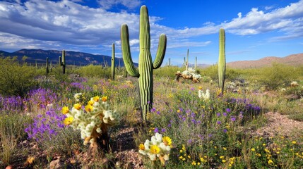 Saguaro Cactus with wild flowers in the Arizona desert