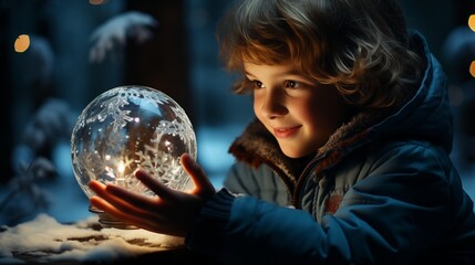 Naklejka premium A wonder on a child's face as unwrap present to find magical snow globe that transports.
