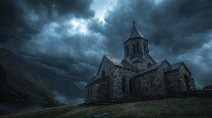 Fototapeta premium A dramatic stormy sky over Kazbegi Gergeti Trinity Church, with dark clouds rolling in and casting a moody atmosphere over the historic site.