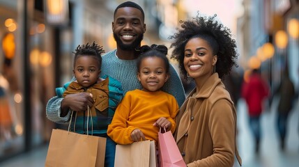 Joyful African American family enjoying shopping together with colorful bags