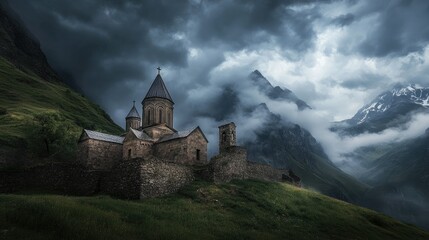A dramatic stormy sky over Kazbegi Gergeti Trinity Church, with dark clouds rolling in and casting a moody atmosphere over the historic site.