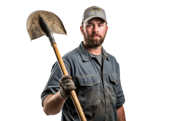 A landscaper in a work shirt, holding a shovel and a rake, on a white background