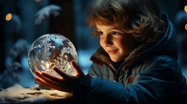 A wonder on a child's face as unwrap present to find magical snow globe that transports.