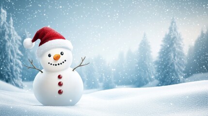 Fototapeta premium Merry christmas and happy new year greeting card with copy-space.Happy snowman standing in winter christmas landscape.Snow background