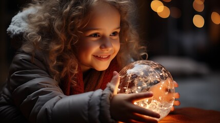 Naklejka premium A wonderful on a child's face as they unwrap a present to find magical snow globe that transports.