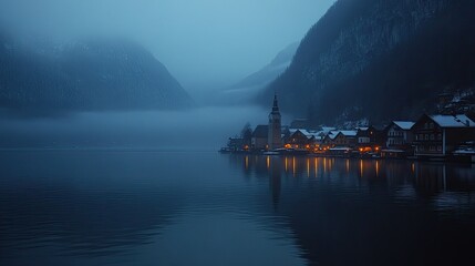 Obraz premium A misty evening in Hallstatt, with the village lights glowing softly against the fog-covered lake and mountains.
