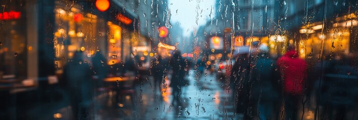 Urban Rainy Day, vibrant city scene through a caf&eacute; window, blurred figures walking in the rain, capturing the essence of bustling life.