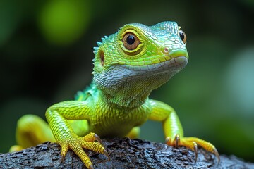 Obraz premium Photograph of a green dragon lizard on a branch in a tropical rainforest, National Geographic-style photo, high-definition quality 