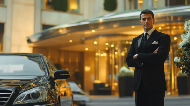 Luxury hotel doorman in uniform standing by a black car in front of an upscale hotel entrance.