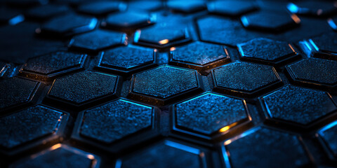 Obraz premium Close-up view of a textured hexagonal pattern illuminated with blue light in a modern digital environment during nighttime