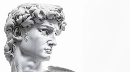 A detailed view of a life-sized male figure, likely made of stone or metal, with intricate details and facial expression