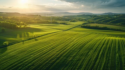 Obraz premium Aerial view of a vast green field with rolling hills and a setting sun.