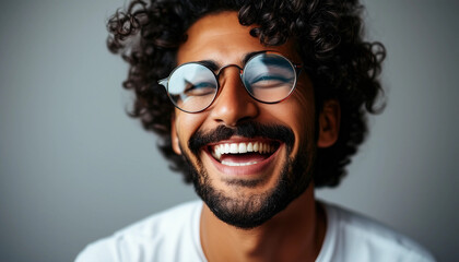 Fototapeta premium A close-up portrait of a man with dark curly hair and round glasses, mid-laughter. His bright white