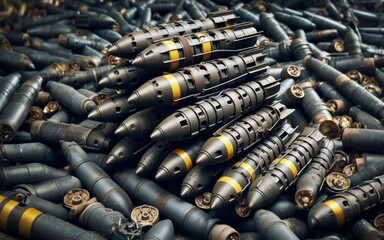 Hand-held fragmentation grenades are stacked in a row during military exercises
