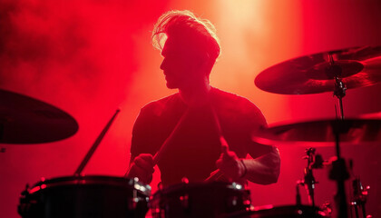 A focused musician playing the drums, lit by intense red lighting that casts dramatic shadows