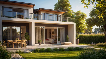 Fototapeta premium This picture is a simple modern house in summer with a refreshing morning atmosphere. The house is solar powered and looks very comfortable to live in