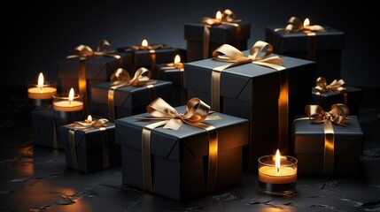 Black gift boxes arranged on dark background. 