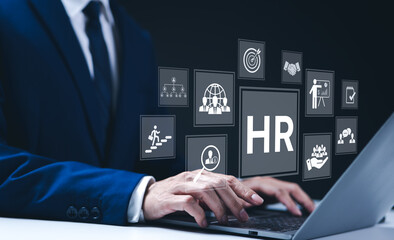 HR management concept. Businessman with digital icons representing human resources management functions, such as recruitment, employee hierarchy, and performance analysis. leadership and teambuilding,