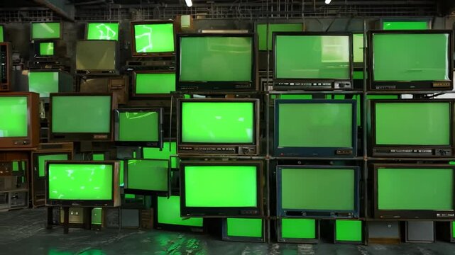 Stacked green television screens creating a retro tech aesthetic